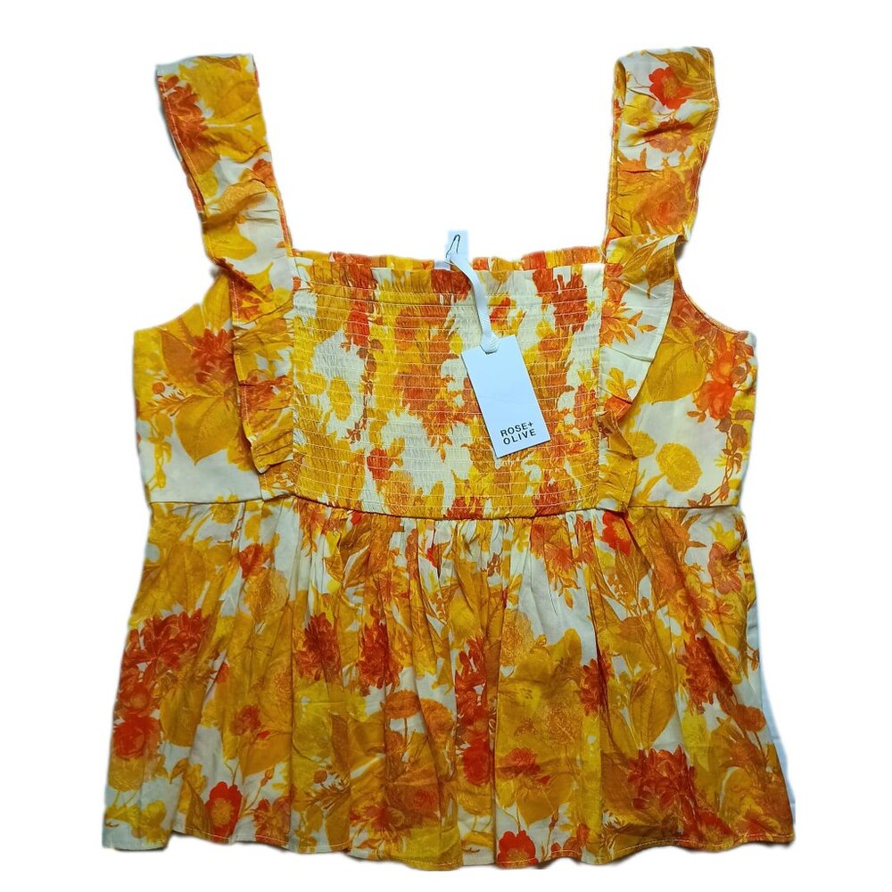 Rose & Olive Size MEDIUM Floral Tank Top Babydoll Ruffle Smocked New
